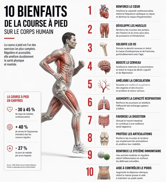 Infographie des 10 bienfaits de la course à pied sur la santé physique et mentale