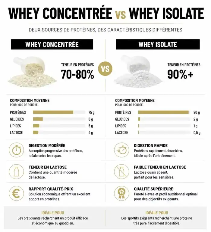 Infographie comparative des différences entre whey concentrée et whey isolate pour la nutrition sportive