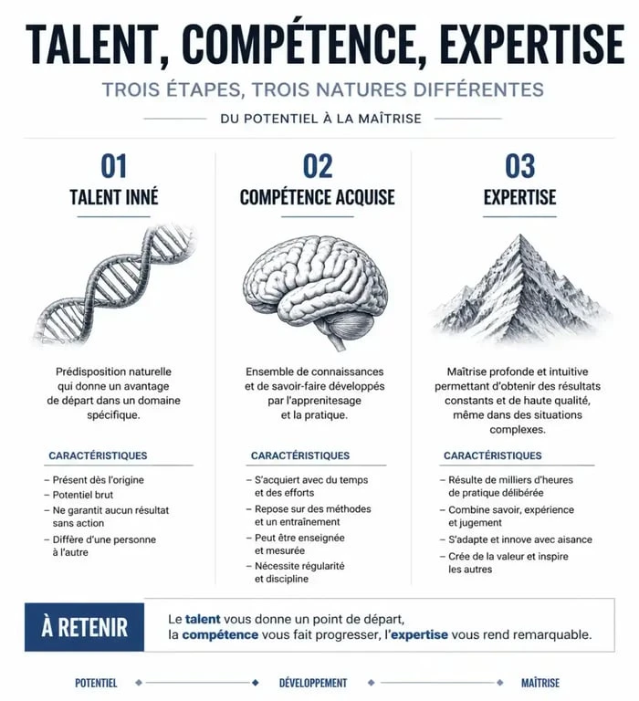 Schéma illustrant la différence entre talent, compétence et expertise pour identifier sa capacité qui rend meilleur dans un domaine.