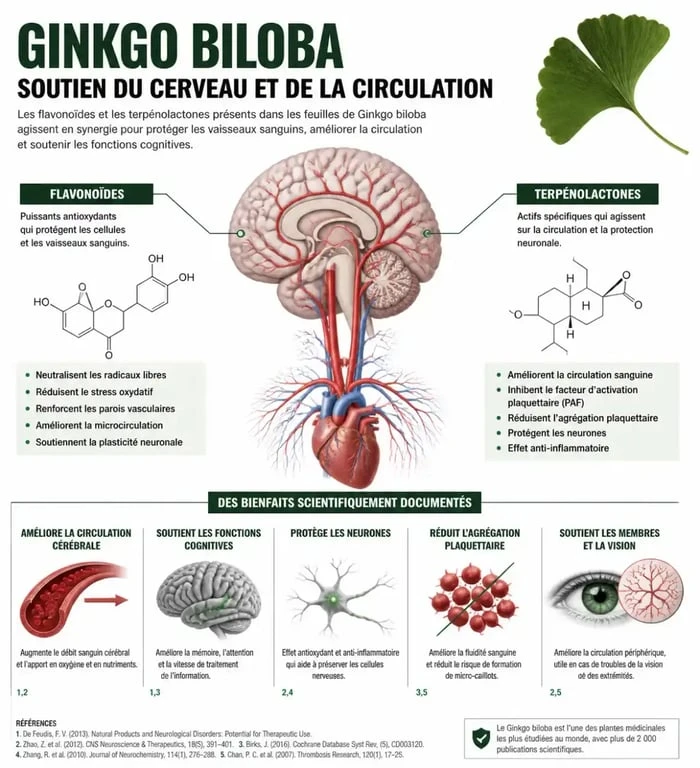 Infographie des bienfaits du Ginkgo biloba sur la santé, la mémoire et la circulation sanguine