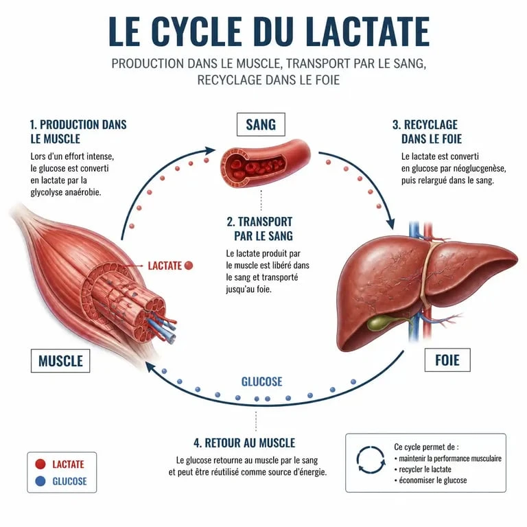 Schéma explicatif du cycle du lactate et de l'acide lactique dans le sport