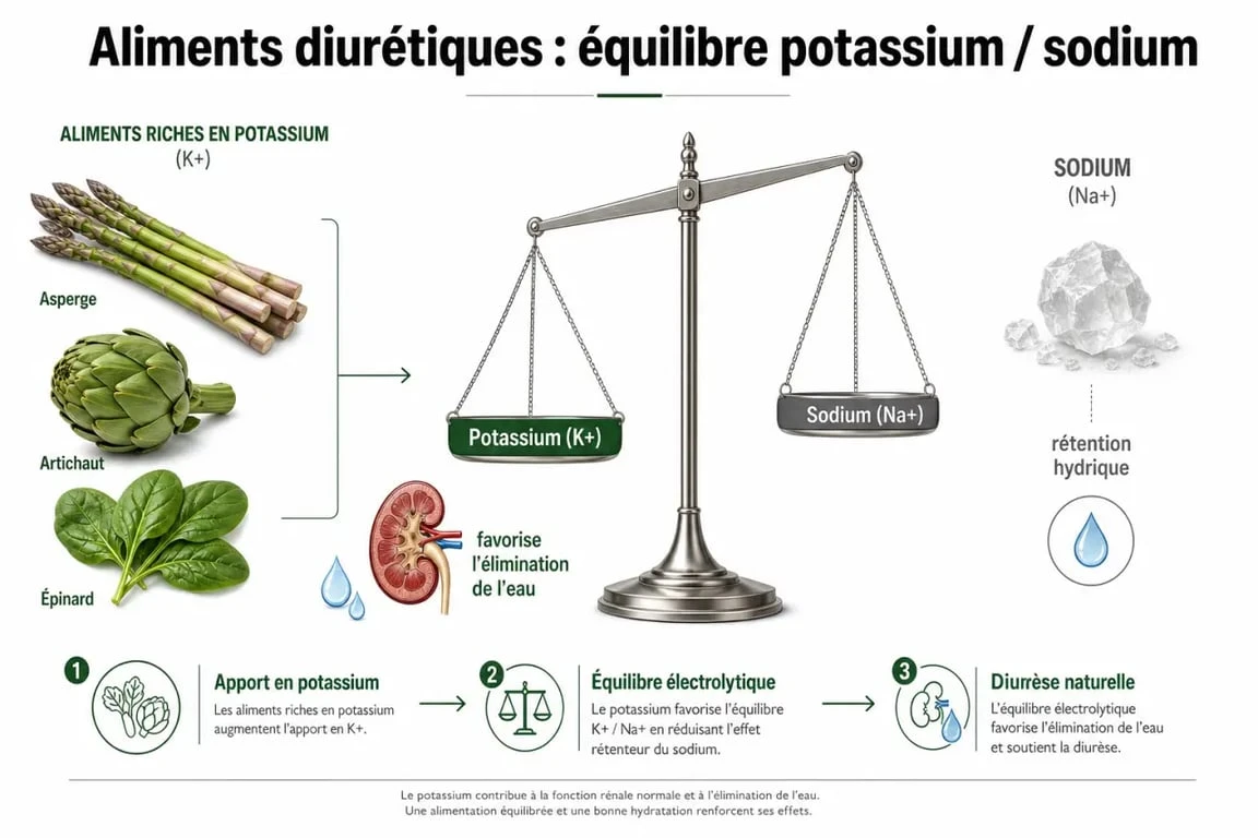 Infographie sur les bienfaits des aliments diurétiques et le rôle du potassium dans l'élimination de l'eau.
