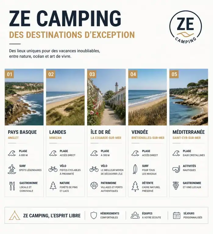 Infographie des destinations et types de séjours proposés par Ze Camping pour vos vacances en plein air