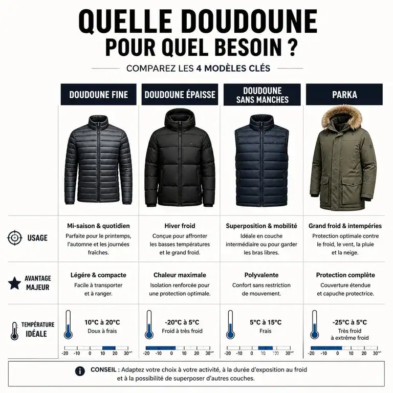 Infographie comparative des différents types de doudoune veste : fine, épaisse, sans manches et parka.
