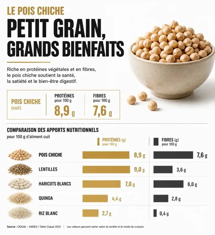 Infographie sur les bienfaits des pois chiches : composition nutritionnelle, protéines et fibres pour 100g