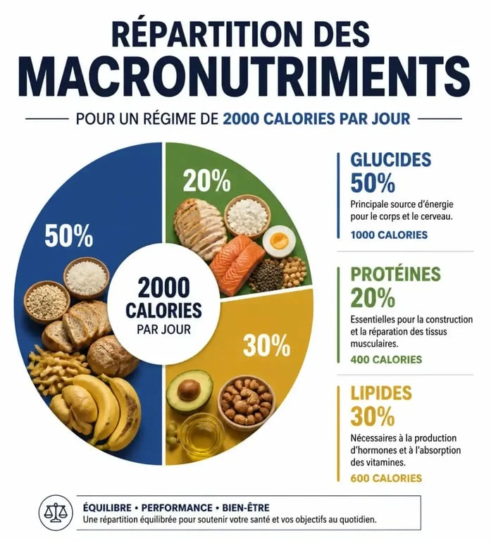 Répartition idéale des macronutriments pour un apport de 2000 calories par jour