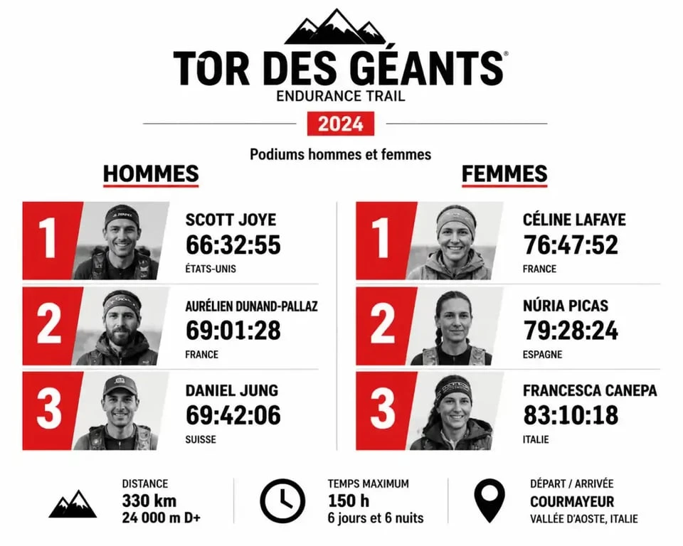 Podiums du classement Tor des Géants 2024 hommes et femmes