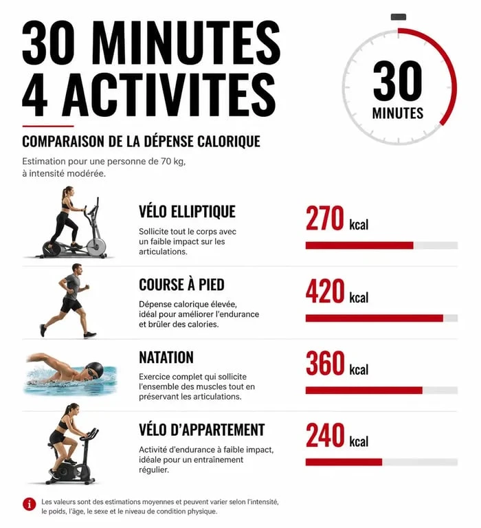 Comparatif des calories brûlées en 30 minutes de vélo elliptique par rapport à d'autres sports