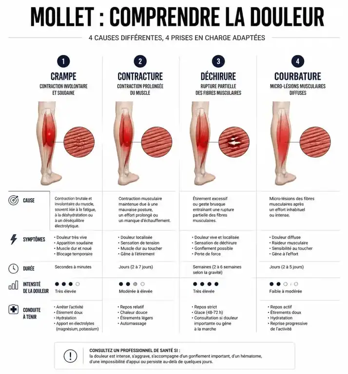 Infographie comparative des douleurs musculaires au mollet : crampe, contracture, déchirure et courbature.