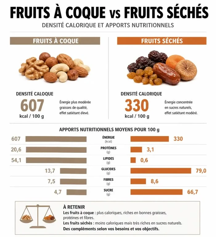 Infographie comparative : calories et bienfaits nutritionnels des fruits secs et oléagineux pour la gestion du poids