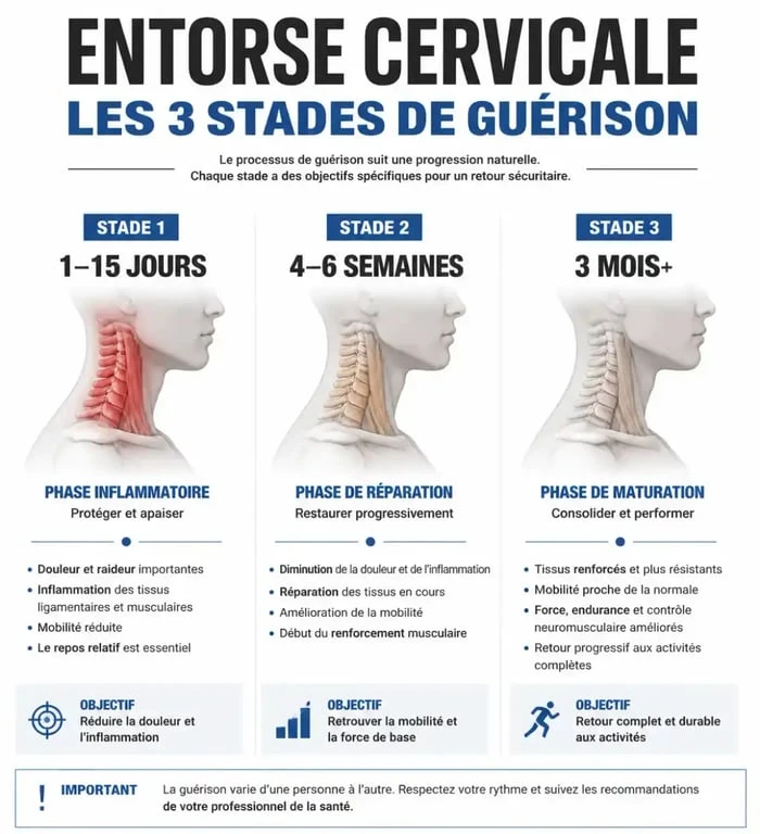 Infographie des délais de guérison d'une entorse cervicale selon la gravité