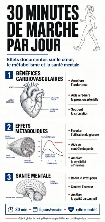 Infographie des bienfaits santé de la marche 30 minutes par jour