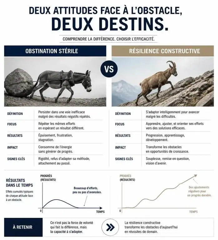 Infographie sur la différence entre obstination et résilience pour ne rien lâcher