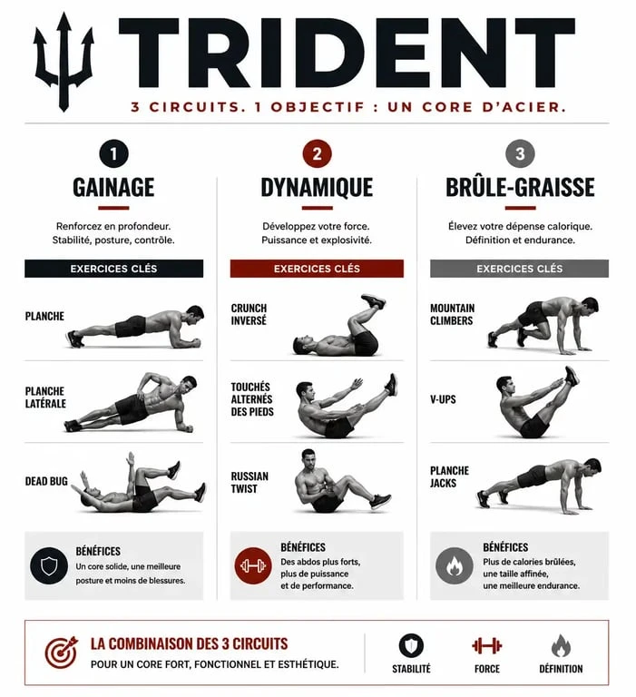 Programme abdos homme maison : infographie des exercices du circuit Trident pour renforcer la sangle abdominale