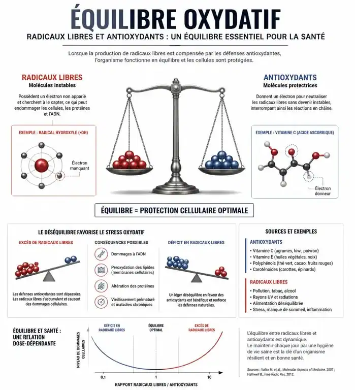 Schéma explicatif du stress oxydatif : équilibre entre radicaux libres et antioxydants pour comprendre ce qu'est le stress oxydatif.