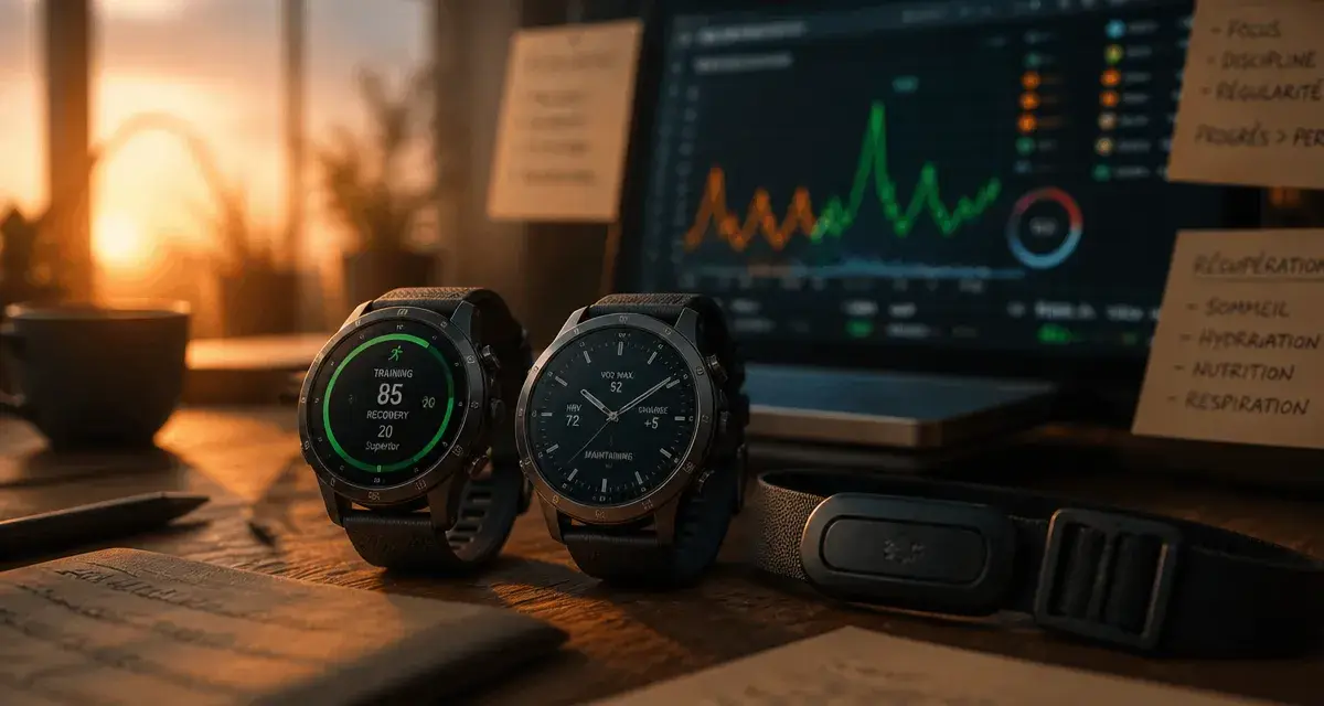 Garmin vs Polar : montre sport et capteur pectoral sur table