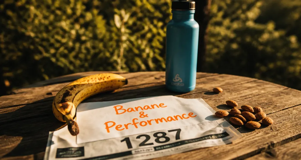 manger une banane avant le sport sur une table avec gourde et amandes