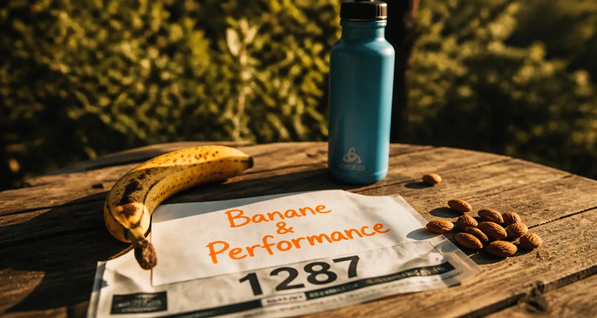 manger une banane avant le sport sur une table avec gourde et amandes