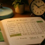 Prendre la décision : matrice de décision sur un carnet et post-it