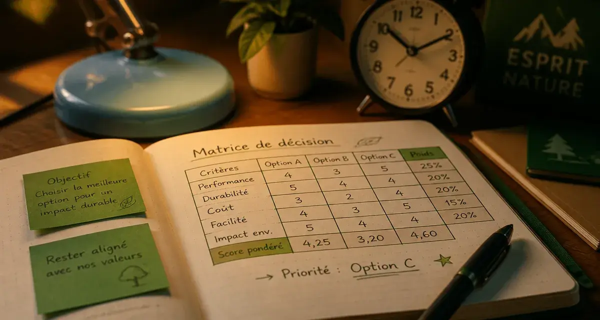 Prendre la décision : matrice de décision sur un carnet et post-it