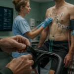 Test d effort a 60 ans : préparation en salle de cardiologie avec électrodes et vélo