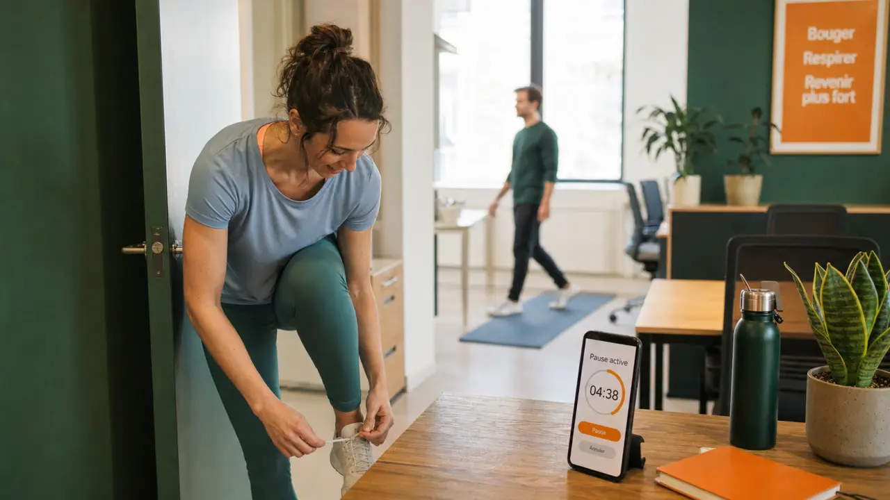 Femme qui bouge plus au quotidien au bureau avec minuteur de pause active