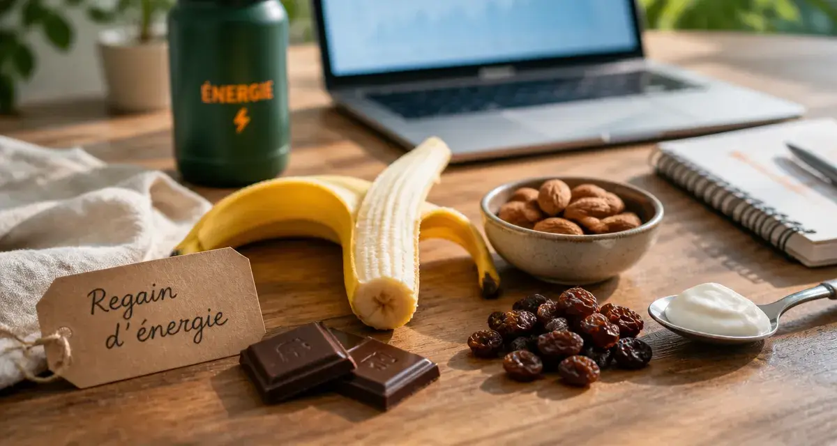 Aliment qui donne de l energie rapidement : banane, fruits secs, yaourt et chocolat noir