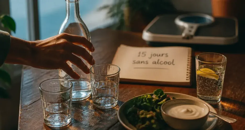 Arrêt alcool et perte de poids : bouteille retirée, eau et repas