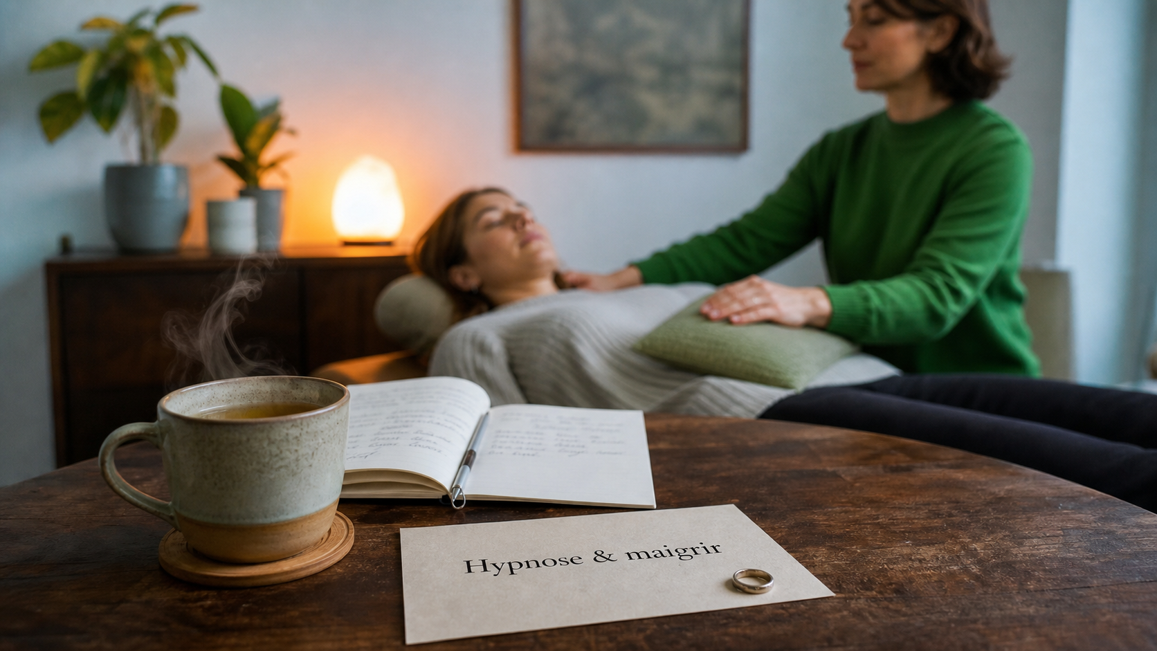 Avis hypnose pour maigrir : tasse de tisane et respiration guidée