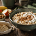 Bienfaits de l avoine : bol de porridge fumant, flocons et avoine colloïdale, peau apaisée