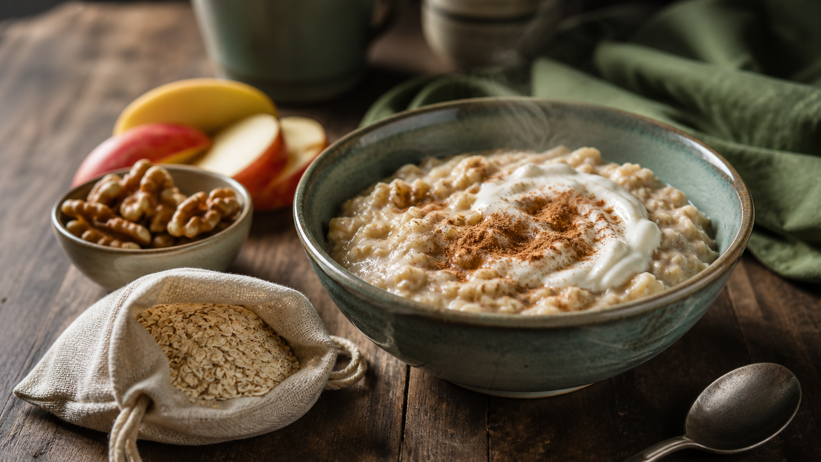 Bienfaits de l avoine : bol de porridge fumant, flocons et avoine colloïdale, peau apaisée