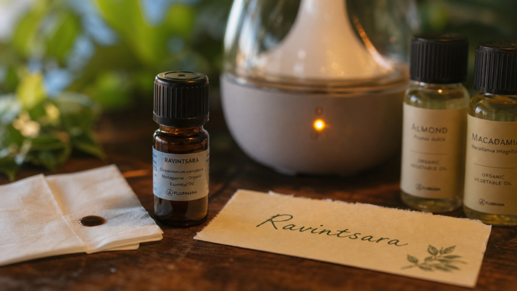 Bienfaits du ravintsara : flacon d’huile essentielle de ravintsara sur table, diffuseur en arrière-plan