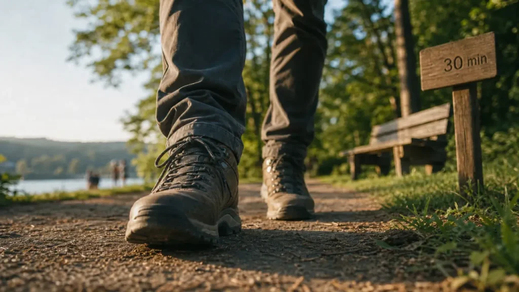 Les bienfaits de marcher 30 minutes par jour : marche en parc, chaussures de marche, lacets