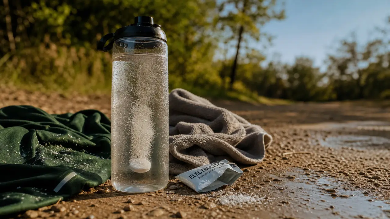 Electrolytes sodium sport : bouteille et pastille sur t-shirt