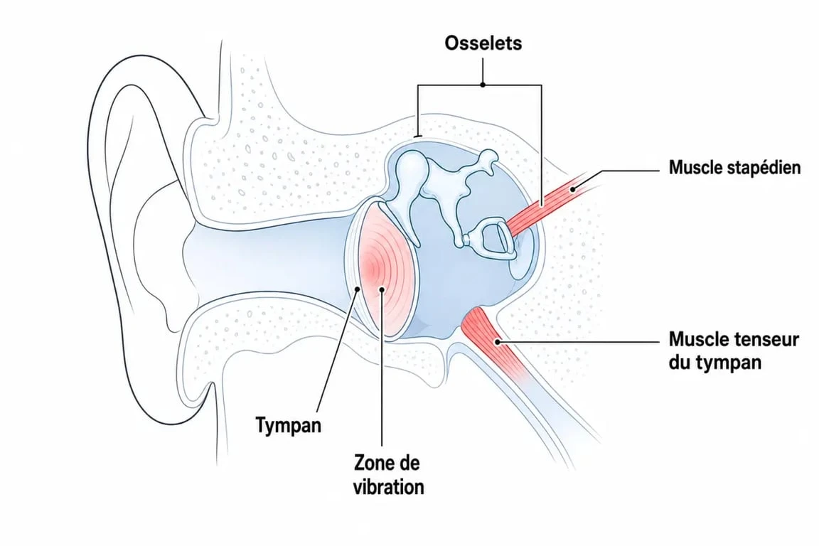 Schéma anatomique de l'oreille moyenne expliquant les causes du tympan qui vibre tout seul