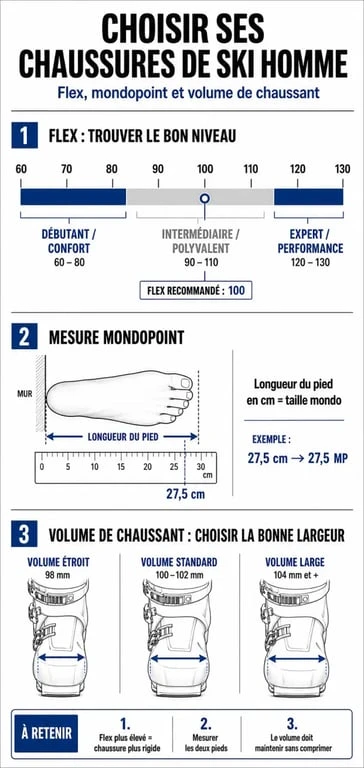 Infographie explicative pour choisir ses chaussures de ski homme : flex, mondopoint et volume de chaussant
