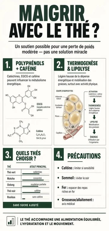 Infographie maigrir the : types de thé, mécanismes d’action et précautions pour la perte de poids