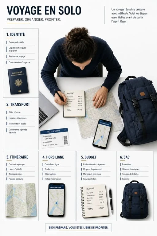 Illustration pour bien préparer un voyage en solo avec passeport, carte, budget et téléphone