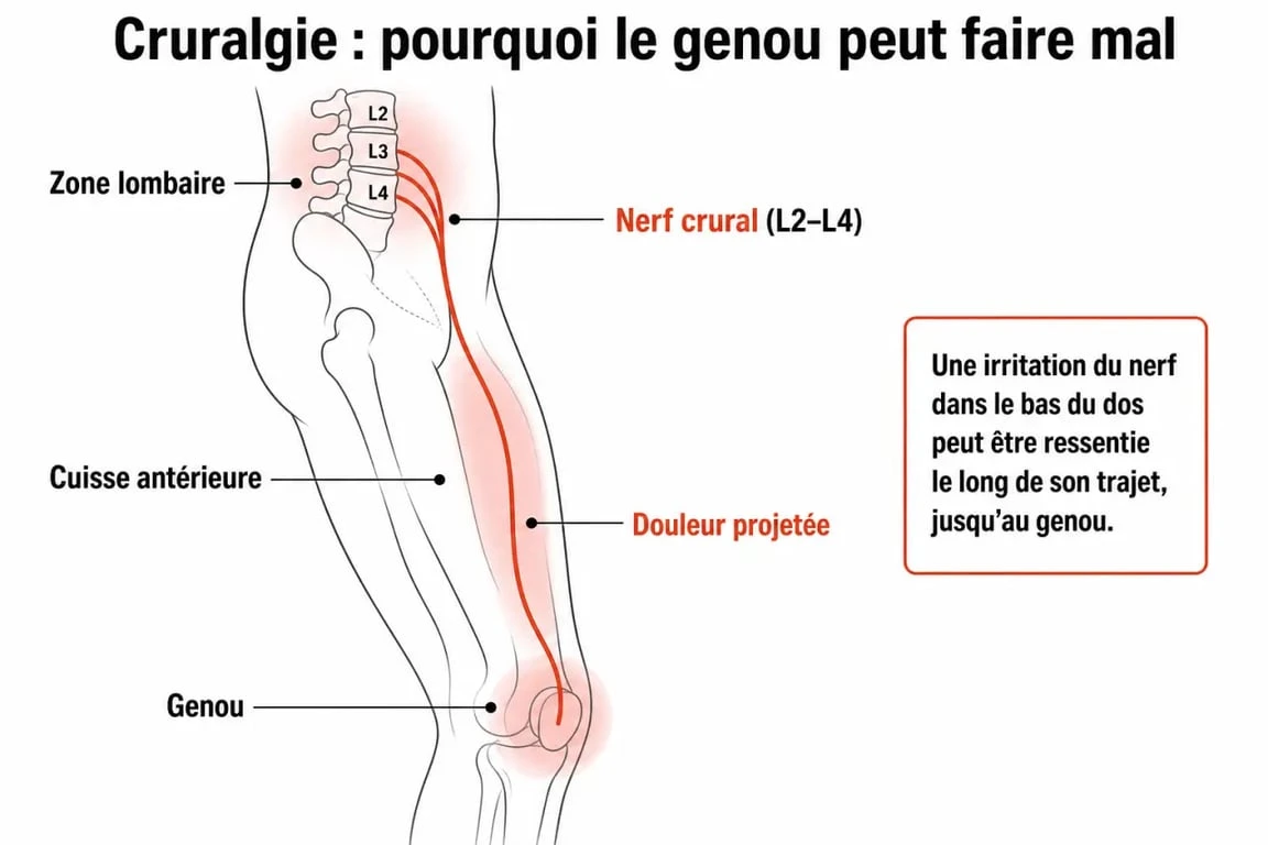 Schéma de cruralgie douleur genou montrant le trajet du nerf crural et les zones douloureuses jusqu’au genou