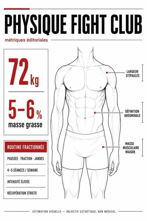 Infographie des statistiques et du programme d'entraînement pour obtenir le corps de Brad Pitt dans Fight Club
