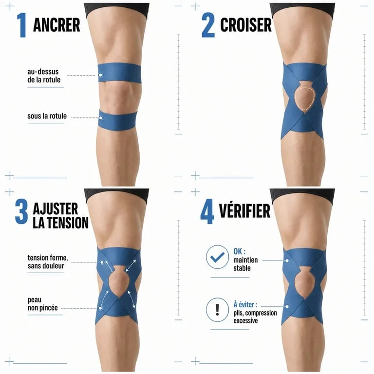 Comment strapper un genou étape par étape avec bandes croisées et ancrages au-dessus et au-dessous de la rotule
