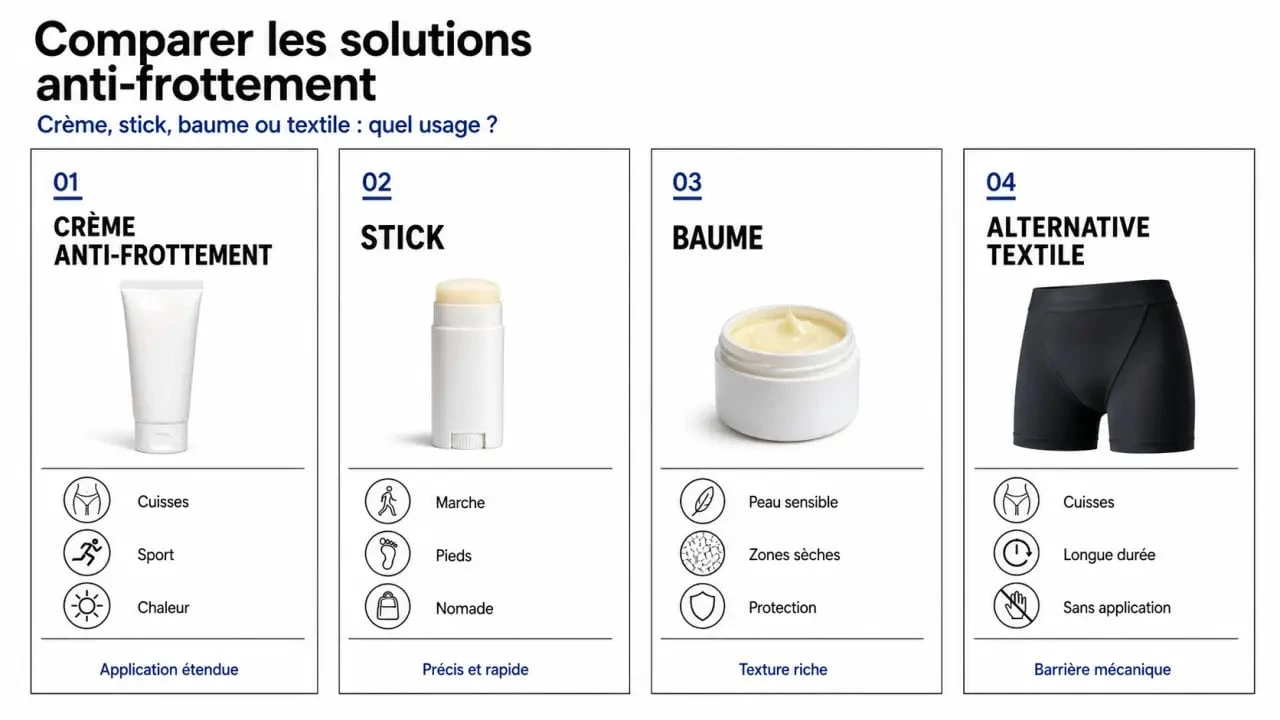 Comparatif de crème anti frottement, stick, baume et alternative textile pour choisir le bon format