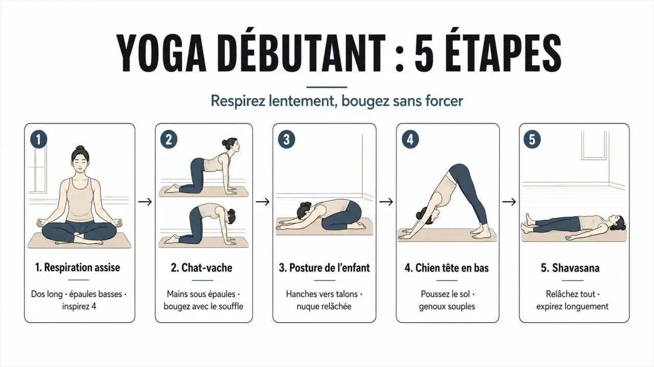 Le yoga pour débutant en 5 étapes simples avec respiration, postures de base et relaxation