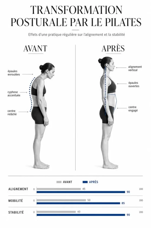 Illustration avant après des bénéfices du Pilates sur la posture et l'alignement corporel