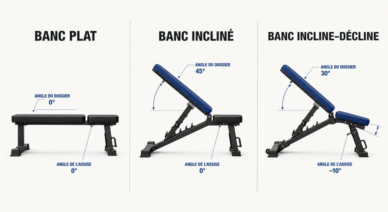 Panneau incline sur banc de musculation : comparaison des positions plat, incliné et décliné