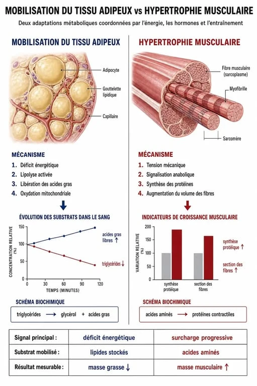 Infographie expliquant le processus de recomposition corporelle : perte de graisse et gain musculaire.