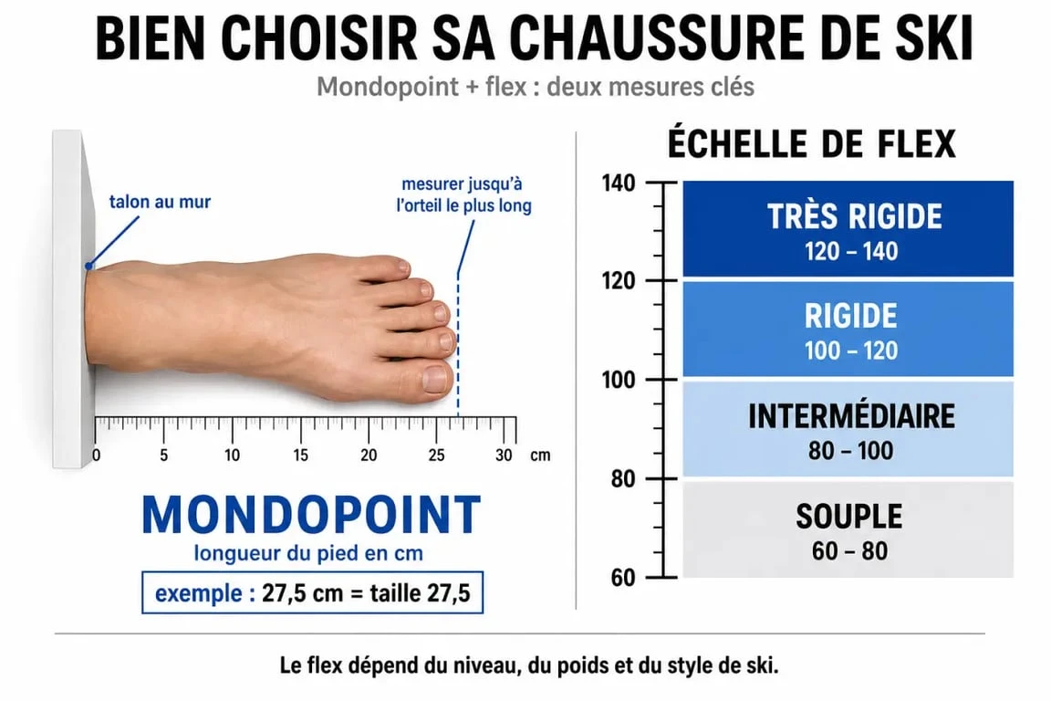 Infographie explicative sur la mesure Mondopoint et l'indice de flex pour choisir ses chaussures de ski homme