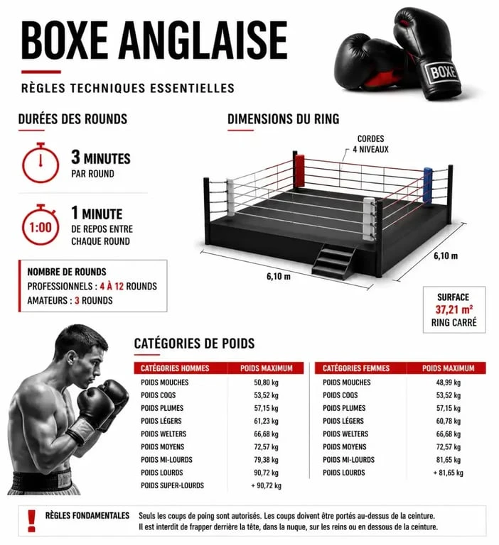 Infographie technique des règles et fondamentaux de la boxe anglaise