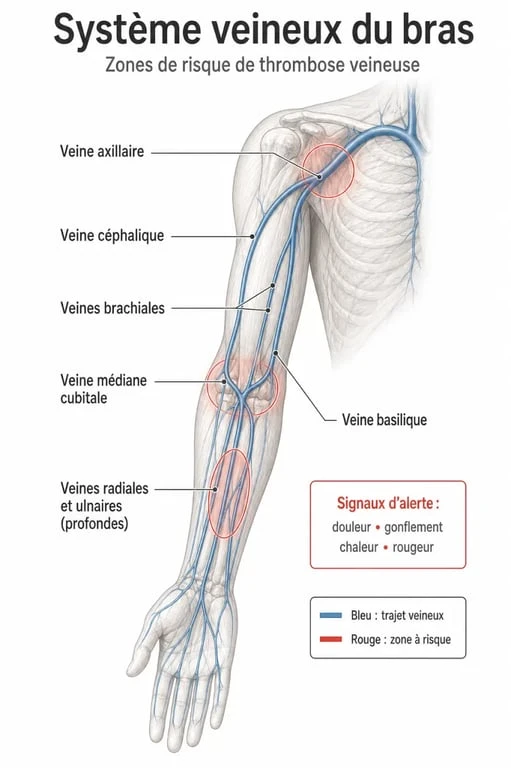 Schéma explicatif des veines du bras et zones de risque de thrombose veineuse