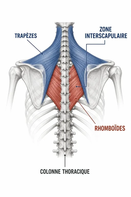 Schéma anatomique illustrant la zone du milieu du dos et les muscles impliqués dans les douleurs dorsales